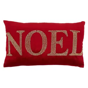 SARO 9052.R1220BD Bead Standard Pillow, 12x20 in. Oblong Red Beaded Noel Throw Pillow with Down Filling, Bead Standard Pillows