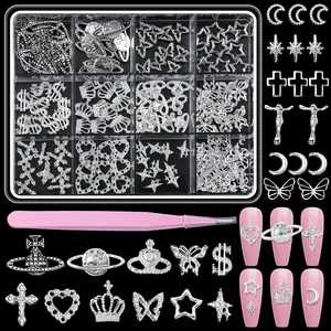 150 Pcs Silver Nail Charms Y2K, 3D Star Cross Crown Planet Nail Art Charms, Punk Butterfly Dollar Alloy Nail Jewelry, Moon Nail Studs Charms for Nails Design