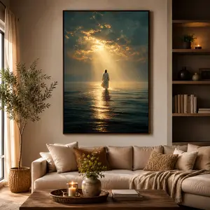 Jesus Walking on Water Canvas Painting Poster, Spiritual Wall Decor with Divine Light, Modern Christian Canvas Art, Ready to Hang Religious Artwork, Faith-Inspired Christian Gift for Home