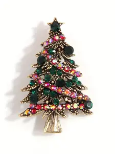 Vintage Colorful Rhinestone Decorated Christmas Tree Design Festive Brooch, Fashionable Clothes Accessories for Women & Girls, Trendy All-match & Exquisite Brooch for Birthday Gift