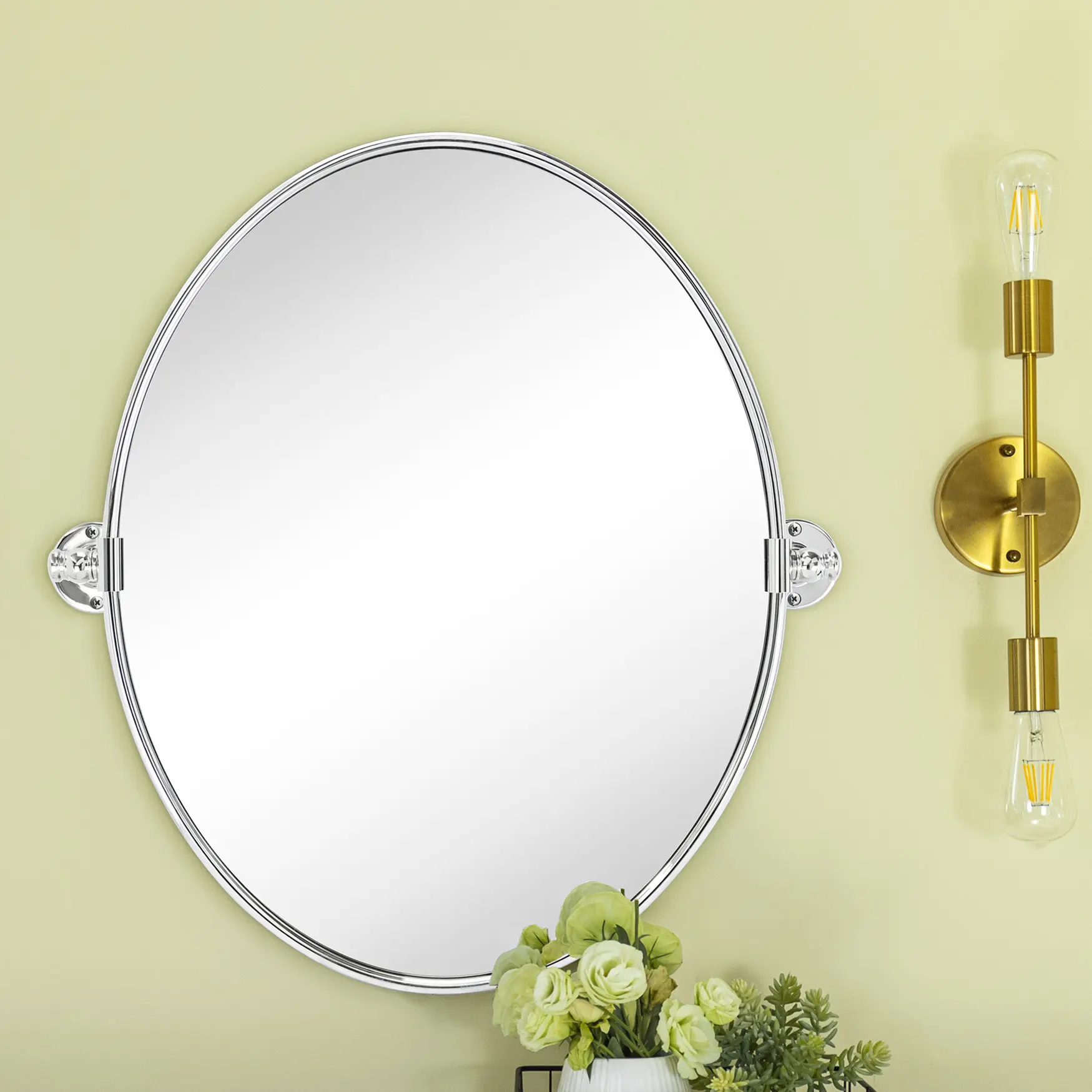 TEHOME Oval Pivot Tiltable Metal Framed Vanity Beveled Mirror for Bathroom, Multiple Colors and Sizes