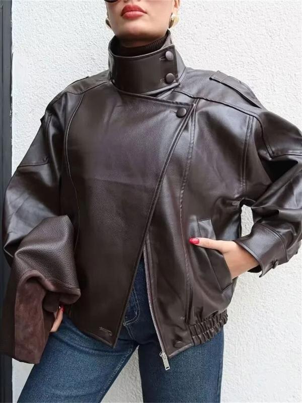 Women's Stand Collar Faux Leather Jacket, Streetwear Casual Long Sleeve Outerwear for Spring & Fall & Winter, Ladies' Waterproof & Windproof Clothes for Daily Wear, Oversized Jacket for Women