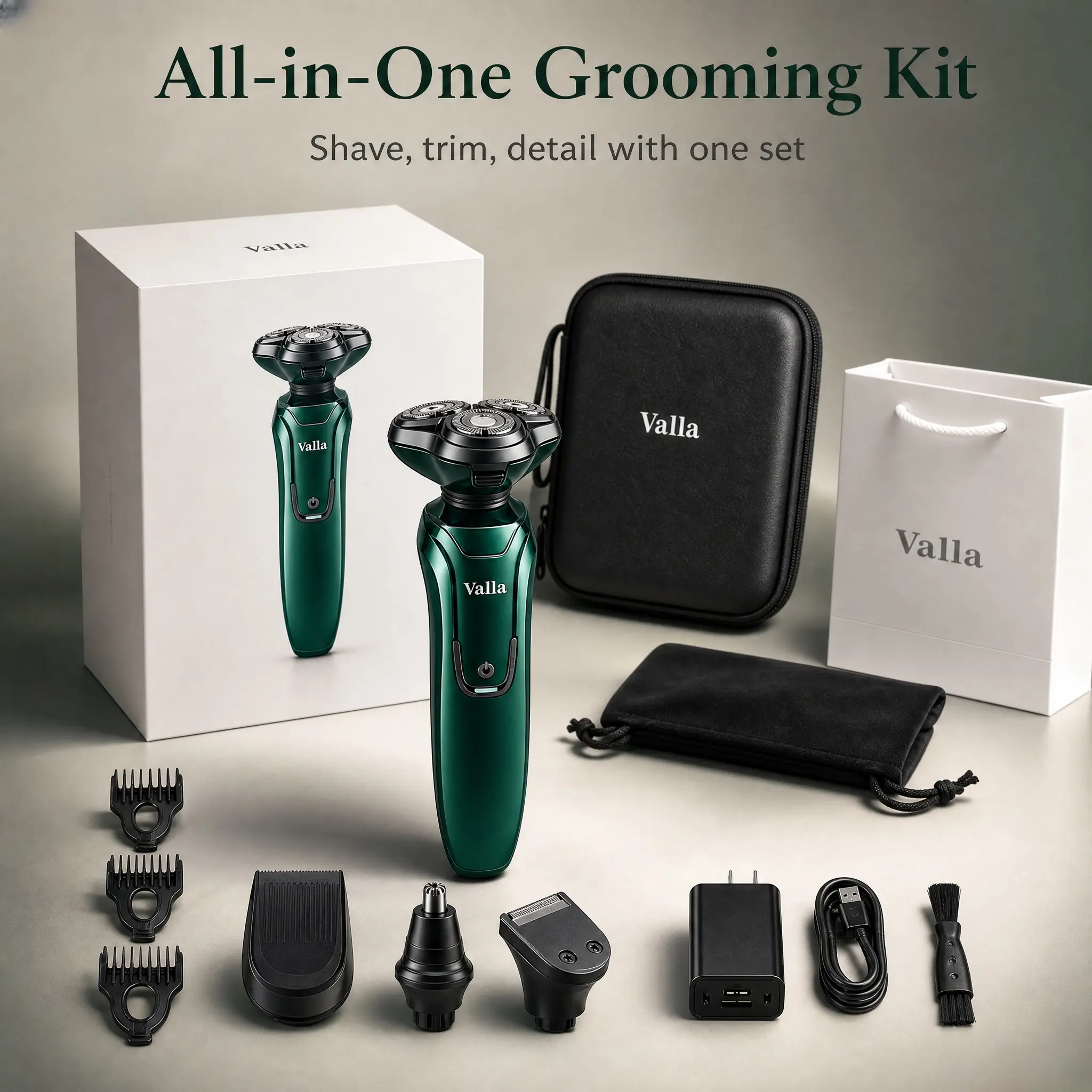 valla Men's Electric Rotary Shaver - 3D Floating Head, IPX7 Waterproof Wet & Dry, Stainless Steel Blades, USB-C Rechargeable Battery, Smooth Shave, Metallic Emerald Green, Ideal Gift for Any User (Batteries Included), Close Shave, Universal