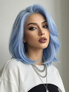 12 Inch Sky Blue Shoulder Lace Wig, Glueless Curly Wig, High Heat Resistant Synthetic Fiber, Smooth Hair, Perfect for Parties, All Seasons Use
