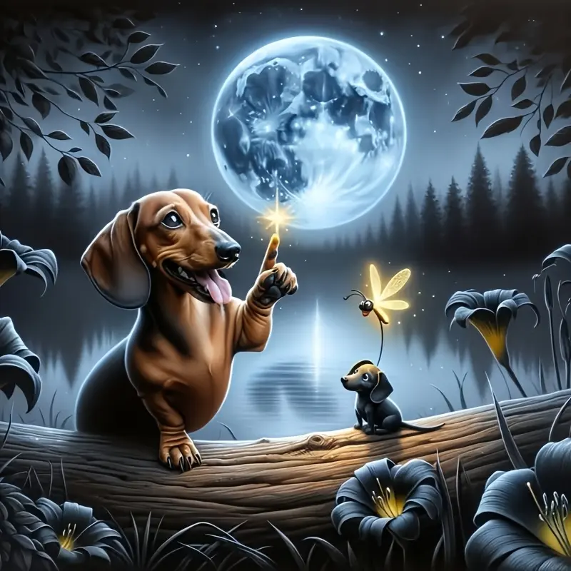 5D Diamond Painting Set, Moonlight Forest Dachshund Decorative Art, Round Diamond Embroidery Handmade, Full Diamond Mosaic Artwork, DIY Handmade Gift, Suitable for Living Room, Bedroom, Office Cross Stitch Wall Decoration--Embellish Home Style with Shiny