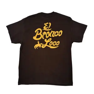 Men's Casual Classic Short-Sleeve Cotton Tee - Soft Smooth Fabric, Round Neck, Bold Letters, El Bronco Loco Horse Print, Dark Chocolate & Yellow Menswear Top