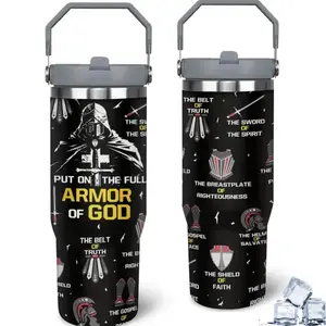 30oz Armor of God Tumbler with Straw, Insulated Stainless Steel Christian Travel Cup, Religious Gift for Men Women