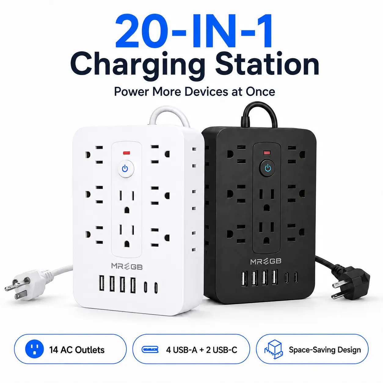 MREGB 20-in-1 Surge Protector Power Strip, 8 AC Outlets with 4 USB & 2 Type-C Ports, Multifunctional Extension Cord (5FT/10FT) for Home Office Travel, Black/White