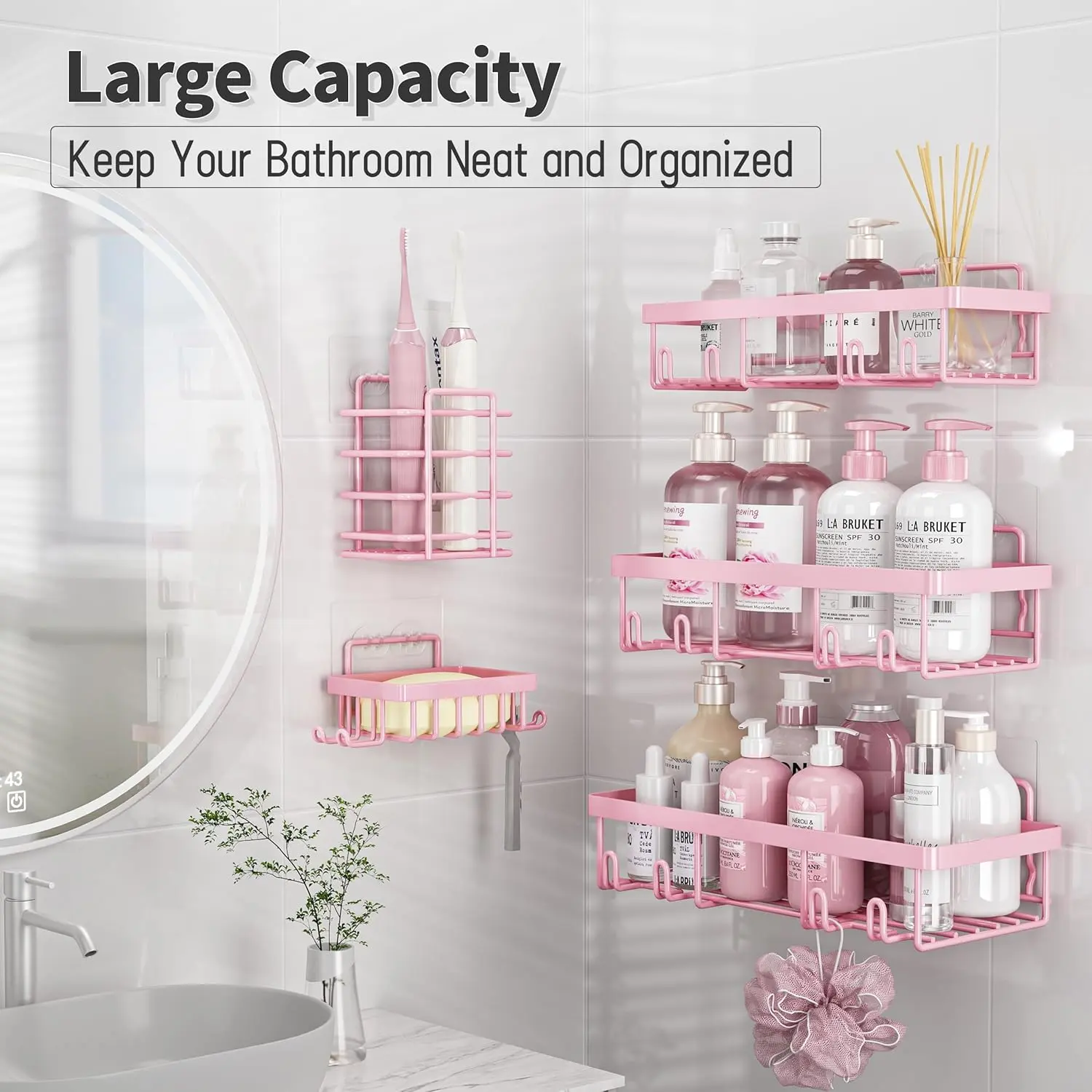 5-Pack Pink Bathroom Necessities Adhesive Shower Caddy - Durable, Rust-Proof, Waterproof, No-Drilling Stick-On Restroom Accessories with Toothbrush & Soap Holder, Large-Capacity Minimalist Design with Black Accents, Functionality and Style Gift Option
