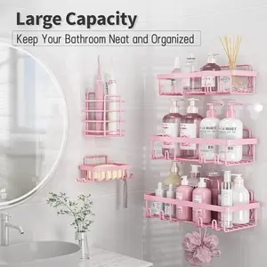 5-Pack Pink Bathroom Necessities Adhesive Shower Caddy - Durable, Rust-Proof, Waterproof, No-Drilling Stick-On Restroom Accessories with Toothbrush & Soap Holder, Large-Capacity Minimalist Design with Black Accents, Functionality and Style Gift Option