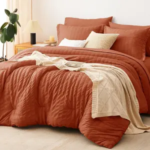 King Size Comforter Set Burnt Orange Seersucker 7 Pieces Bed in a Bag King Comforter Set with Sheets Terracotta Luxury Bedding Set with Down Alternative Comforter, Sheets, Pillowcases & Shams