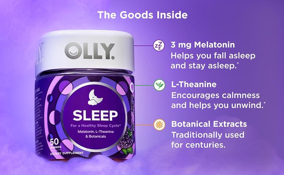 OLLY 3-Pack Sleep Gummy - 50 Gummies with 3 mg Melatonin, L-Theanine, Chamomile, Lemon Balm, Blackberry Flavor, Healthcare Dietary Occasional Sleep Aid