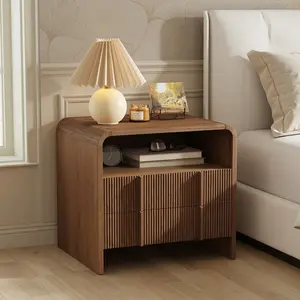 Modern Fluted Wood Nightstand Curved Rounded Corners Bedside Table with Open Shelf and Smooth Glide Storage Drawers Minimalist Pastoral Accent End Side Table for Bedroom Living Room Home Decor