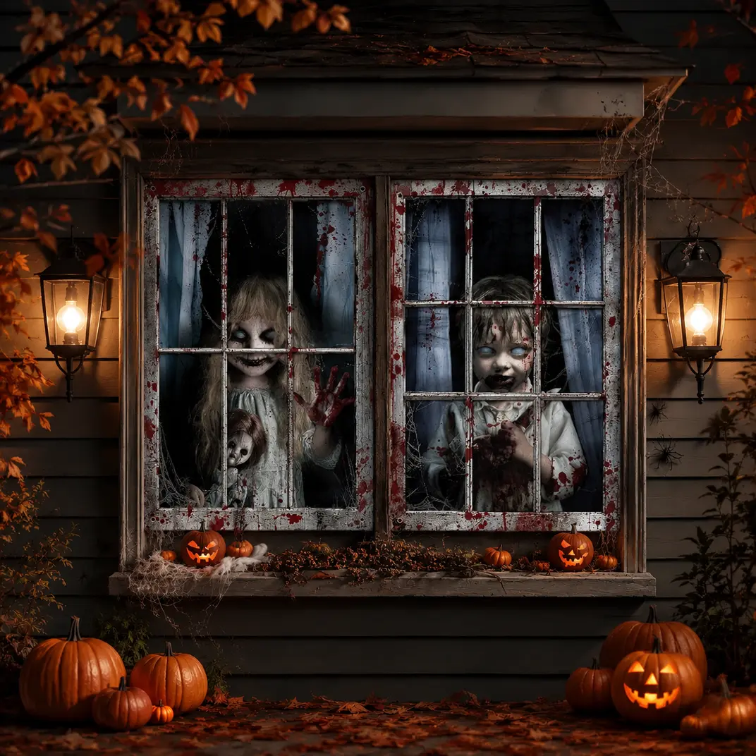 2-Pack Halloween Window Cover (47.2x31.5in) with LED Spotlights, 2D Flat Polyester, Creepy Ghost Boy & Girl Designs, Colorful Haunted House Back Drop, Indoor Outdoor Party Decor Supplies, Halloween Decoration Gift