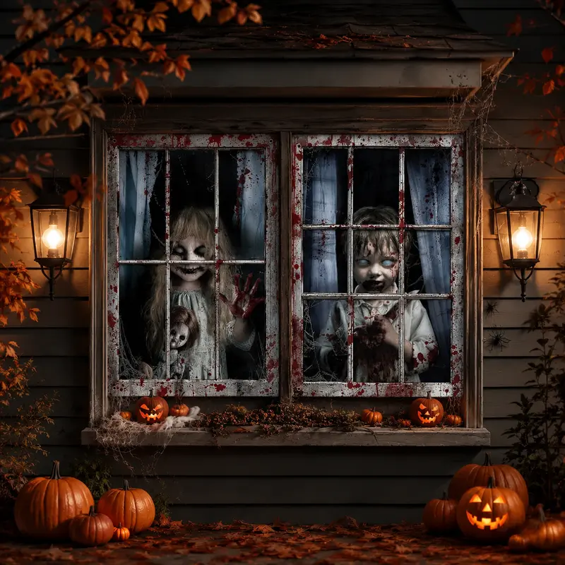 2-Pack Decorative Halloween Window Backdrop Curtains (47.2x31.5in) with LED Lights, 2D Flat Polyester, Creepy Ghost Boy & Girl Designs, Haunted House Backdrop, Indoor Outdoor Party Supplies, Outdoor Decor, Ghost Gift