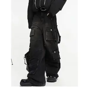 High-street retro men’s workwear jeans; goth hip-hop style loose, versatile, high-waisted wide-leg overalls/overalls for men; baggy streetwear denim