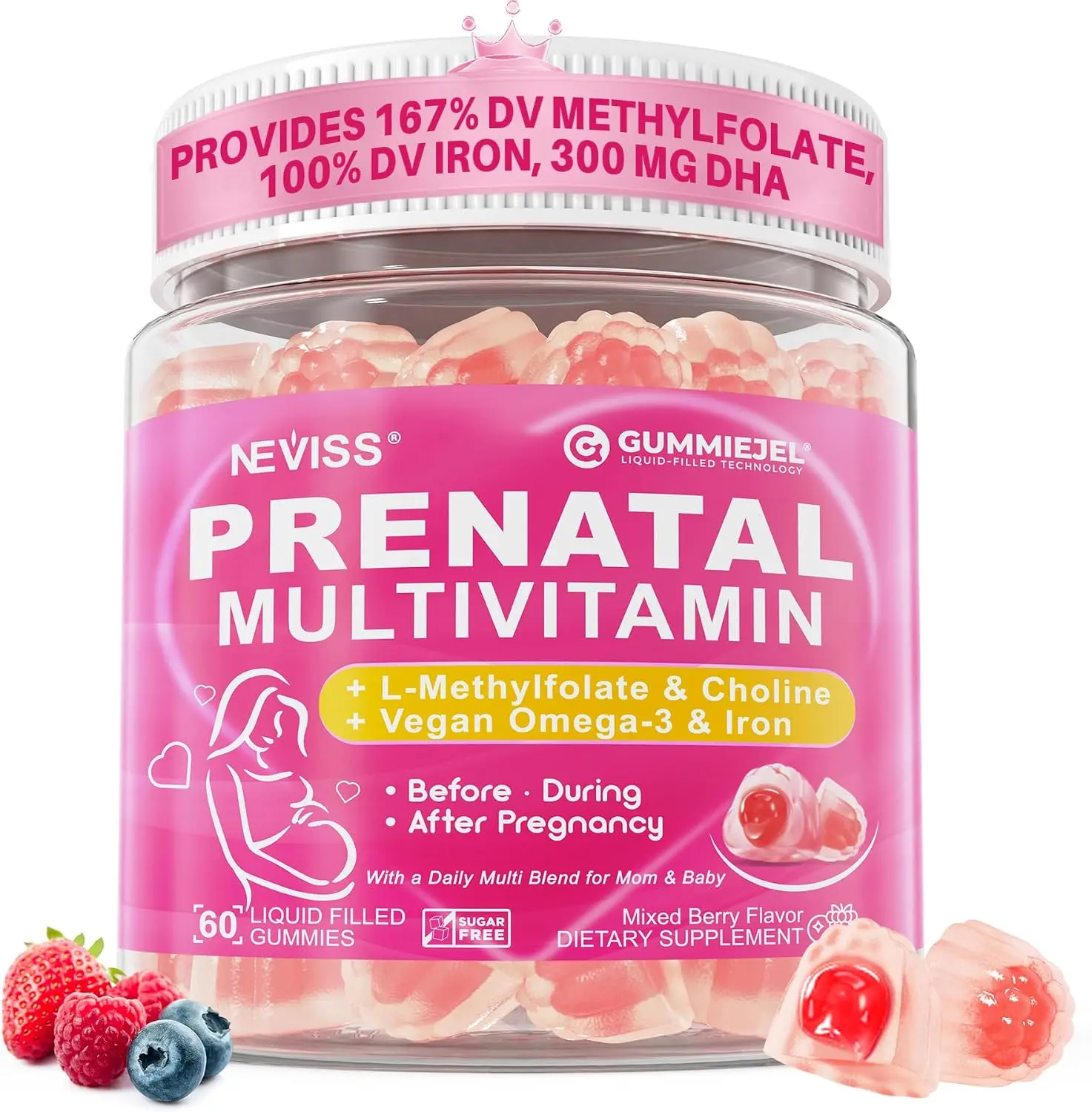 NEVISS Prenatal Vitamins for Women Gummies w/Methylfolate DHA Iron Choline | Prenatal Gummies w/ Vegan Omega-3, Iodine, Biotin, B12 for Prenatal, Pregnancy, Postpartum, Vegan Non-GMO, Sugar Free, 60Cts