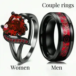 1/2 Set Romantic Couple Rings, Red Heart Shape Synthetic Gemstone Rings for Women, Red Stainless Steel for Men, Engagement Ring Jewelry, Wedding, Gift