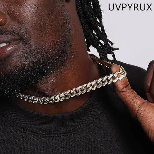 Men's Gold Cuban Link Chain Jewelry - Chainjewelry Goldchains, Iced Out Jewellery Pave Cuban Necklace, Bold Iced-Out Look Elevates Outfits, Chunky Golden Tone, AAAAA+ Rhinestones, 16-24in Sizes (20in Included), Gift Box, Father’s Day Gift
