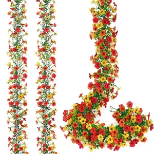 2pc 5.7FT Artificial Flower Garland, Red Orange Yellow UV Resistant Vines for Valentine's Day Gifts & Decor, Spring Summer Backdrop, Wedding Arch, Vibrant Hanging Home and Garden Decor