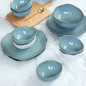 Nordic Irregular Ceramic Bowl & Plate | Handcrafted Blue Glaze