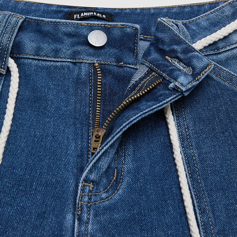 Flamingals Drawstring Flap Pocket Roll Hem High Waist Straight Leg Crop Jeans