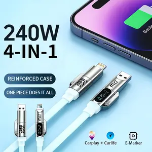 240W 4-in-1 Fast Charging Cable, Liquid Silicone & Aluminum Alloy, Multi Charger Cord for iPhone 17/16/15, iPad, Samsung & Laptops
