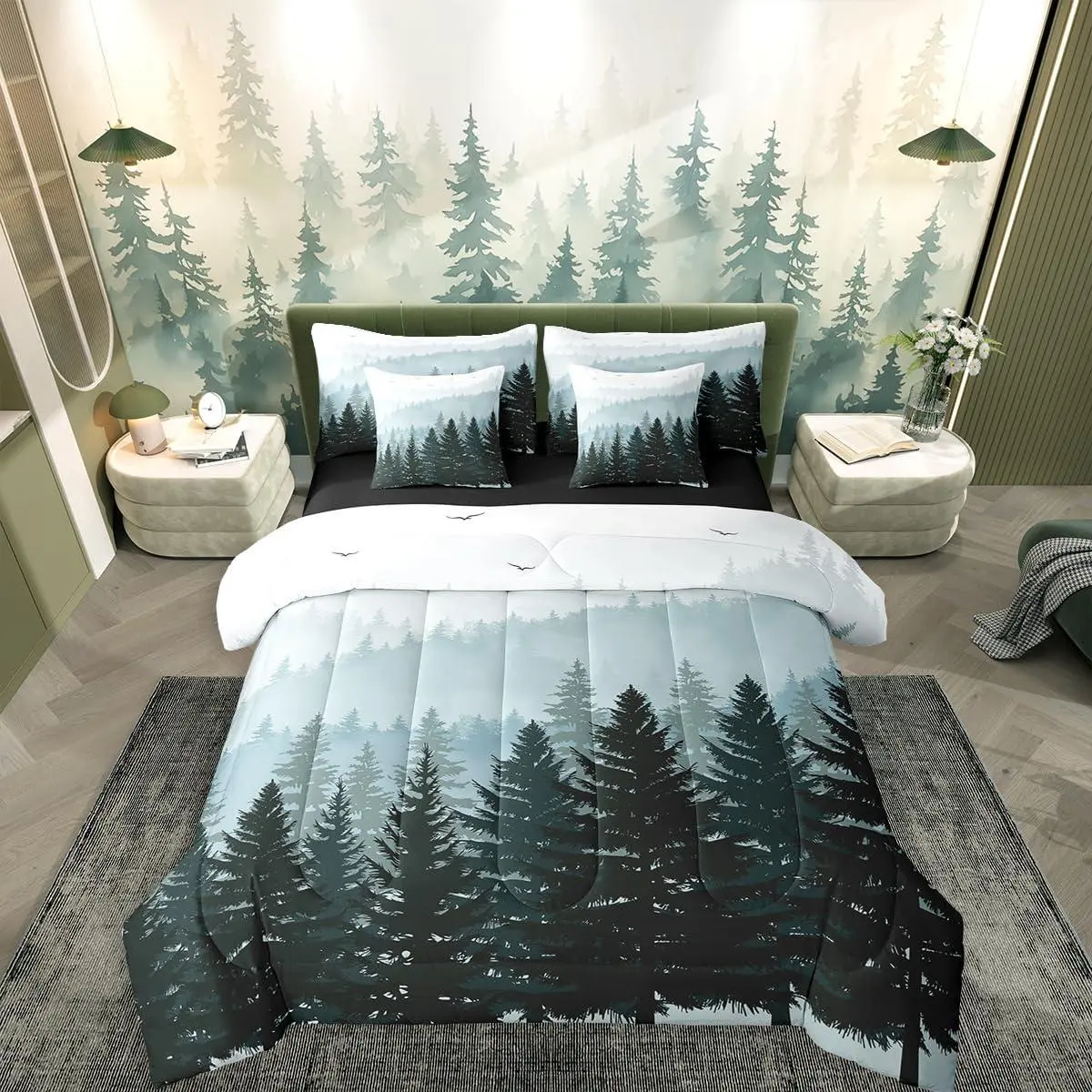 Green Misty Forest Comforter Set with Sheets Pine Tree Mountain 7 Pcs Bedding Set,Nature Woodland Fog View Bed in A Bag for Men,Rustic Jungle Landscape Bedding Comforters,Dark Green