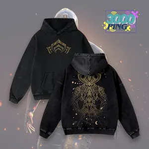 Warframe Hoodie & T-Shirt Lotus Symbol Gold Graphic, Vintage Acid Wash Apparel, Sci-Fi Ninja Game Merch, Celestial Tenno Pullover, Unisex Cotton Top