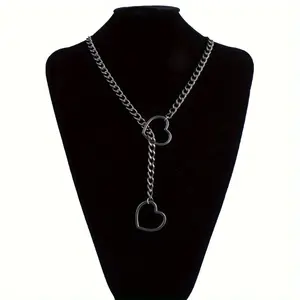 Double Heart Metal Chain Lasso Necklace, Punk Gothic Style Necklace