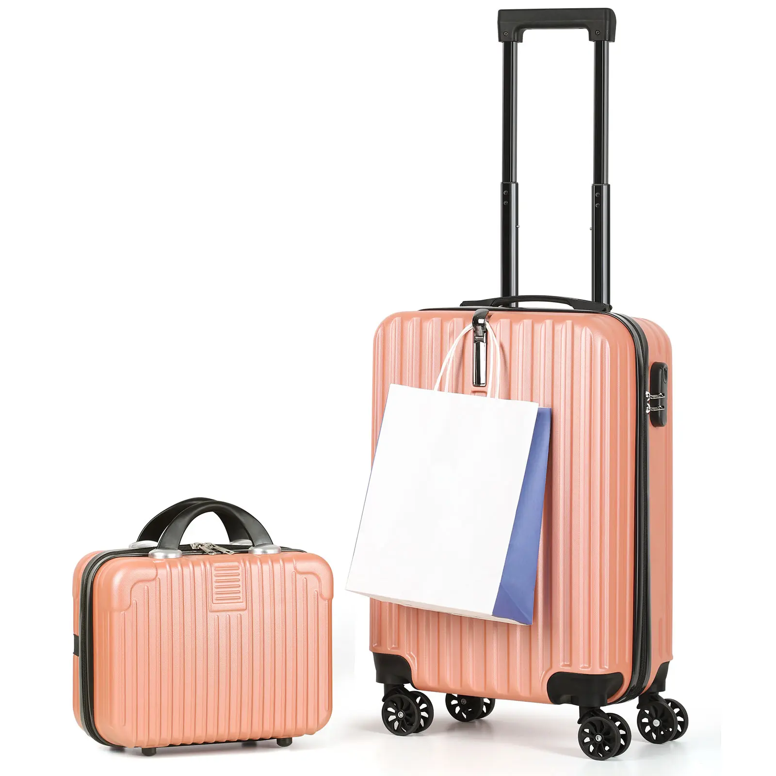 Rose Gold 2-Piece Airline-Approved Hardside Carry-On Luggage Set - ABS Hard Shell Trolley Suitcase with 14in Portable Cosmetic Case, Password Lock, Spacious Interior, 360° Silent Spinner Wheels for Travel