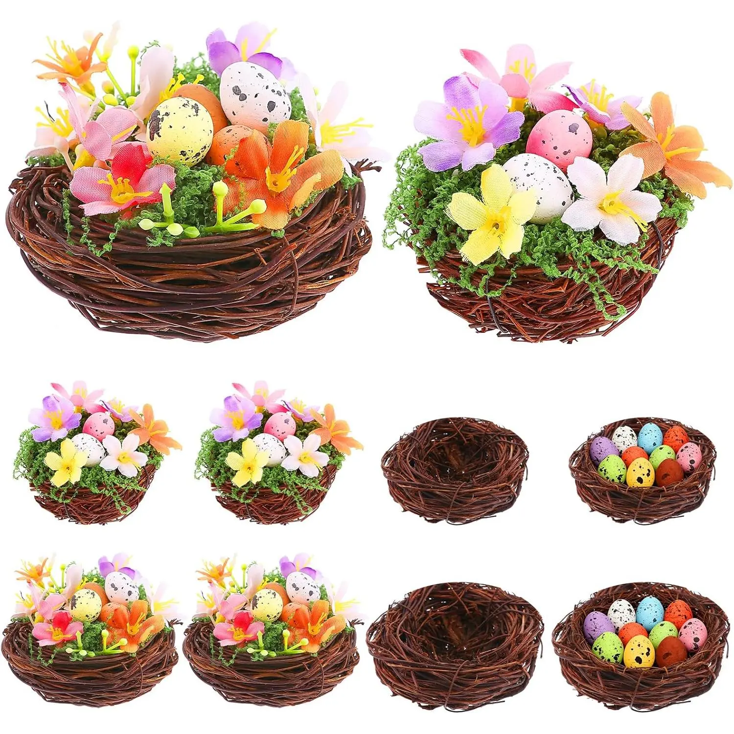 8 Sets Easter Bird Nest Decor Kit Artificial Bird Rattan Nests with Colorful Eggs Moss Flowers Spring Easter Egg Hunt Basket Filler Easter Decorations for Home Garden, 2.36inch and 3.15inch