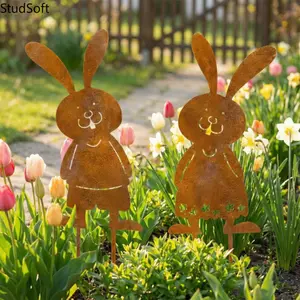 2 Pack Farmhouse Style Lawn Decor, Easter Iron Silhouette Rabbit, Vintage Rusty Metal Bunny Yard Stake with Double Legs for Garden