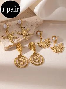 Plated Pearl Sunburst Dangle Earrings, Vintage Fan Shape Pearl Drop Earrings for Women, Daily Office Wedding Party Bridal Jewelry