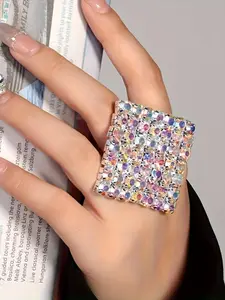 Exaggerated Square Colorful Ring for Women, Sparkling Rhinestone Statement Accessory, Unique Jewelry for Fashion Lovers, Rhinestone Decor Ring