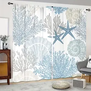 2pcs, summer marine life scenery, pocket rod installation, digitally printed curtains, polyester material, suitable for living room, wardrobe, kitchen, bedroom, study, bathroom, dining room, home décor.