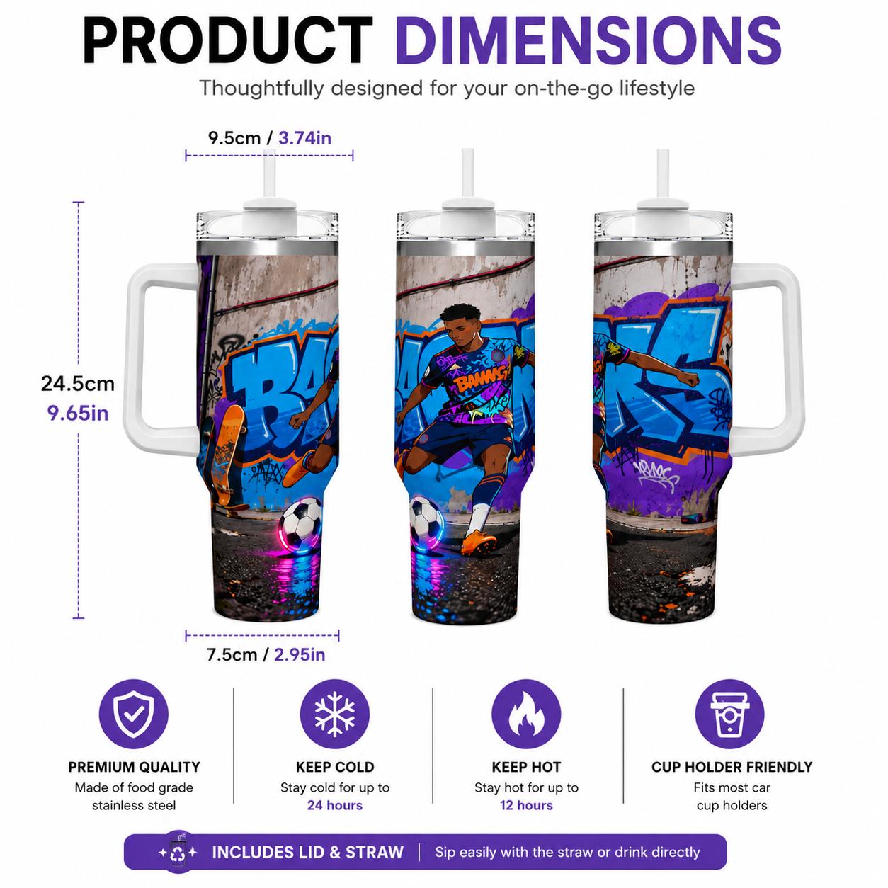 40oz Double Wall Vacuum Insulated Stainless Steel Tumbler for Adults - Leak-Proof 2-in-1 Straw Lid, Handle, Portable Travel Mug with Urban Neon Splash Wall Art Soccer Player Full Wrap Print, 24H Cold/12H Hot, Keeps Drinks Cold for 24 Hours
