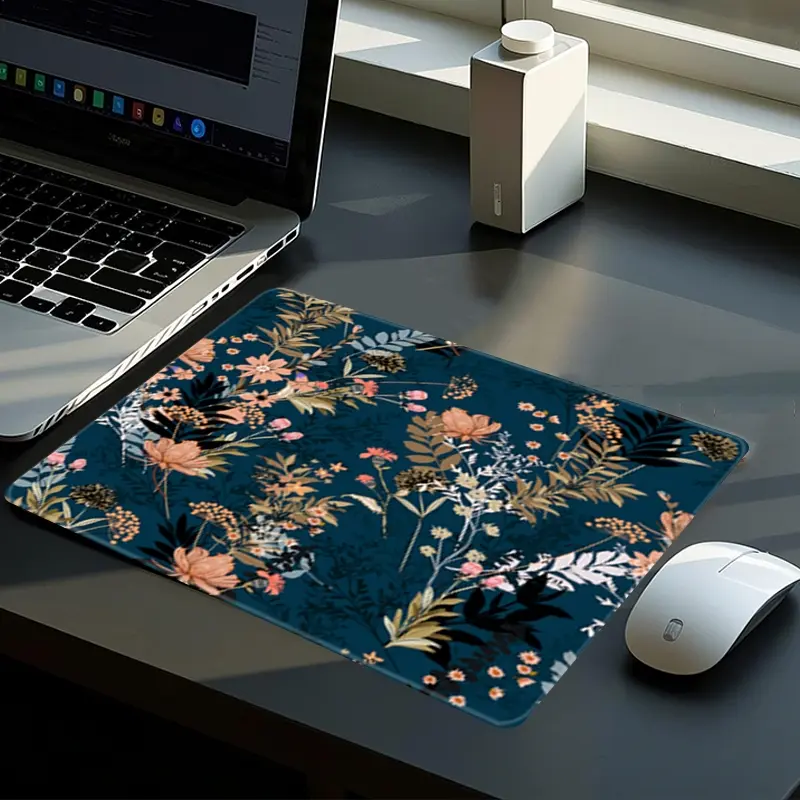 Floral Teal Simple Small Square Mouse Pads Golden Gaming Mouse Pad Office Desk Accessories NonSlip Rubber Base Stitched Edge Mousepad Ideal Gift for Friends