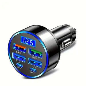6 in 1 Car Charger, LED Display USB Type-C Adapter, High Speed Charger, Universal Compatibility Car Charger for Multiple Devices Load