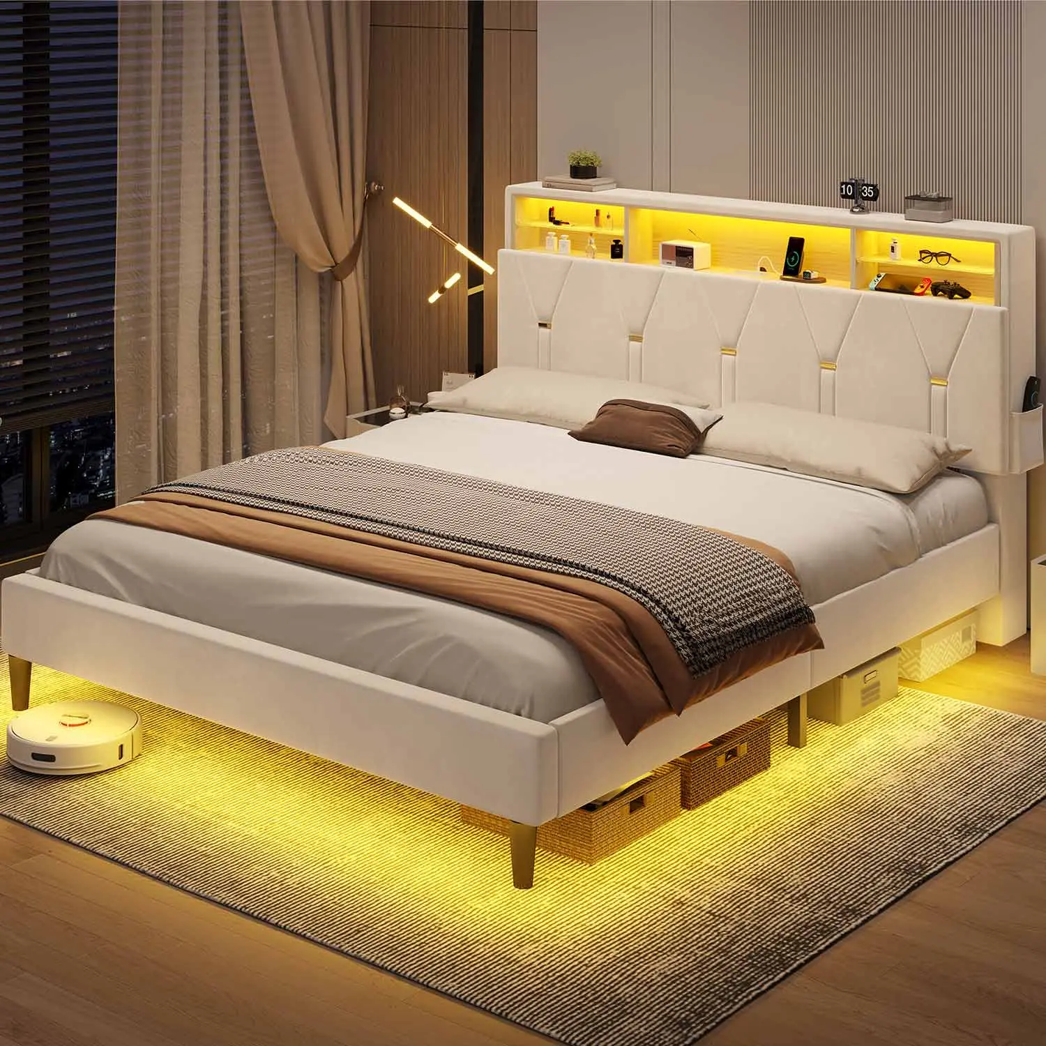 SIKAIC LED Upholstered Bed Frame with Storage Headboard, White Faux Leather Platform Bed for Bedroom SIKAIC LED Upholstered Bed Frame with Storage Headboard, White Faux Leather Platform Bed for Bedroom