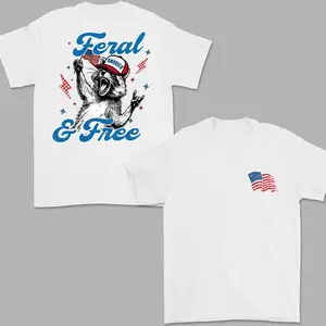 Feral and Free Funny Raccoon 4th July T-shirt 2 sides, American Flag Raccoon Feral Shirt, Independence Day, Unisex Cotton Fit for Women Men