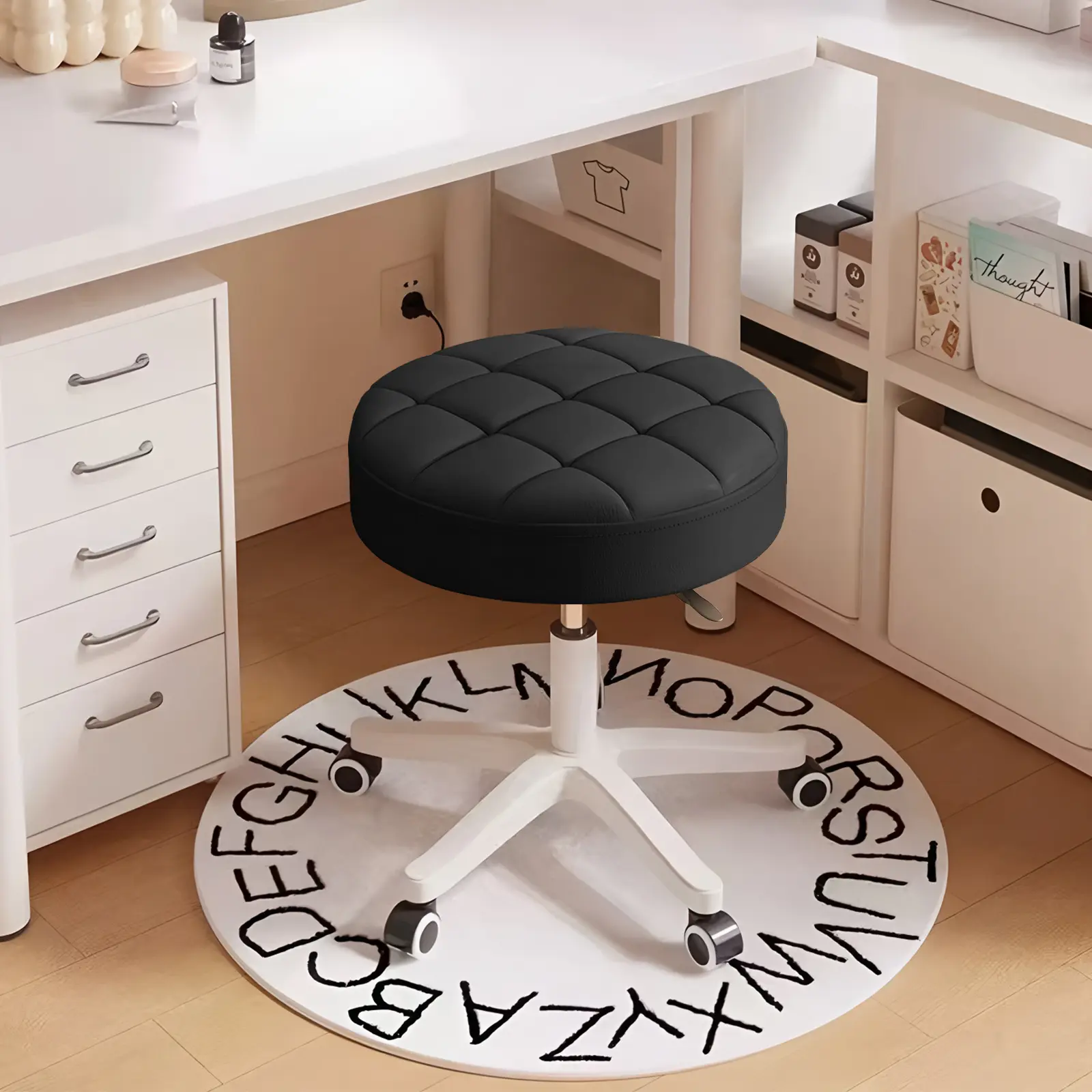 【Summer sale】Small Chair Round Rolling Stool with Wheels PU Leather Height Adjustable Swivel Drafting Work SPA Salon Stools Home Office Chair