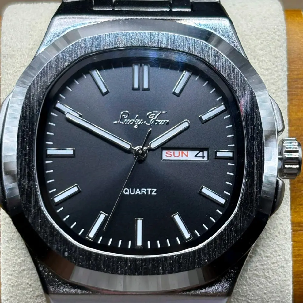 Lucky Fours Men's Quartz Male Watch - Black Solid Dial, Day Date Show, Silver Tone, Luxury Look, Cool Gifts for Guys, New in Box