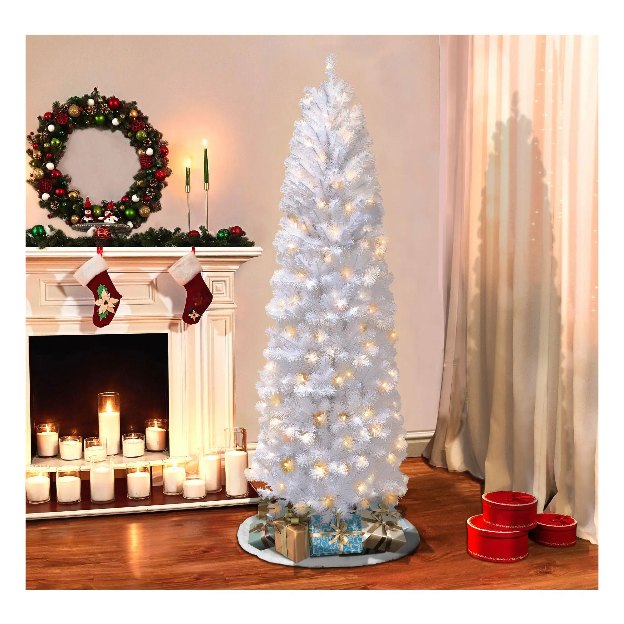 Puleo Pre-Lit 7.5' White Pencil Northern Fir Chistmas Tree