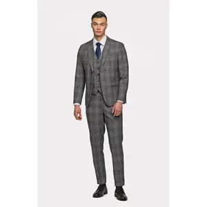 Gray Blue Flannel Plaid 3 Piece Suit