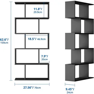 Cozy Castle Set of 2 Geometric Bookcase, S-Shaped Modern Bookshelf, Room Divider Bookshelf, 62" Tall Unique Abstract Bookcase with 5-Tier Display Shelf for Living Room Office, Black