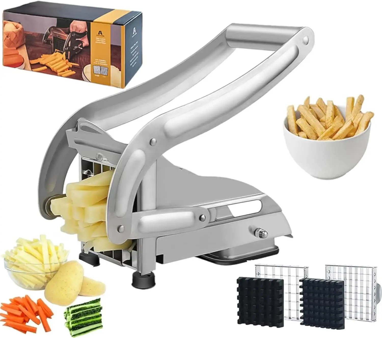 French Fry Cutter Potato Slicer, Stainless Steel Vegetable and Potato Cutter, Includes 2 Blades and Non-Slip Suction Base Kitchen,Perfect for use with