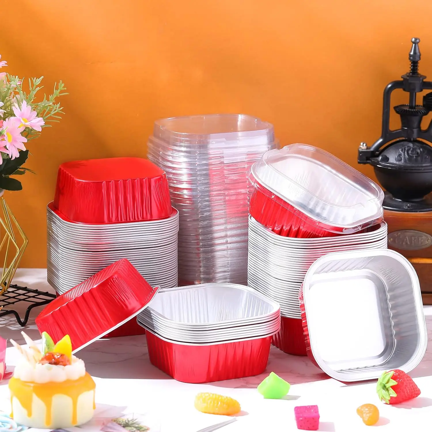 Red 4"x4" 10oz Square Aluminum Foil Mini Cake Pans with Transparent Lids (30 Pcs) - Bakeware, Disposable Festive Tableware for Weddings, Mother's Day Gifts, Oven Dessert Liners
