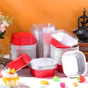 30 Pcs 10 oz Mini Cake Pans with Lids Aluminum Foil Baking Cup Square Disposable 4" x 4" Large Cupcake Cups Baking Tins, Gift for a Mom Who Loves Cooking(Red)