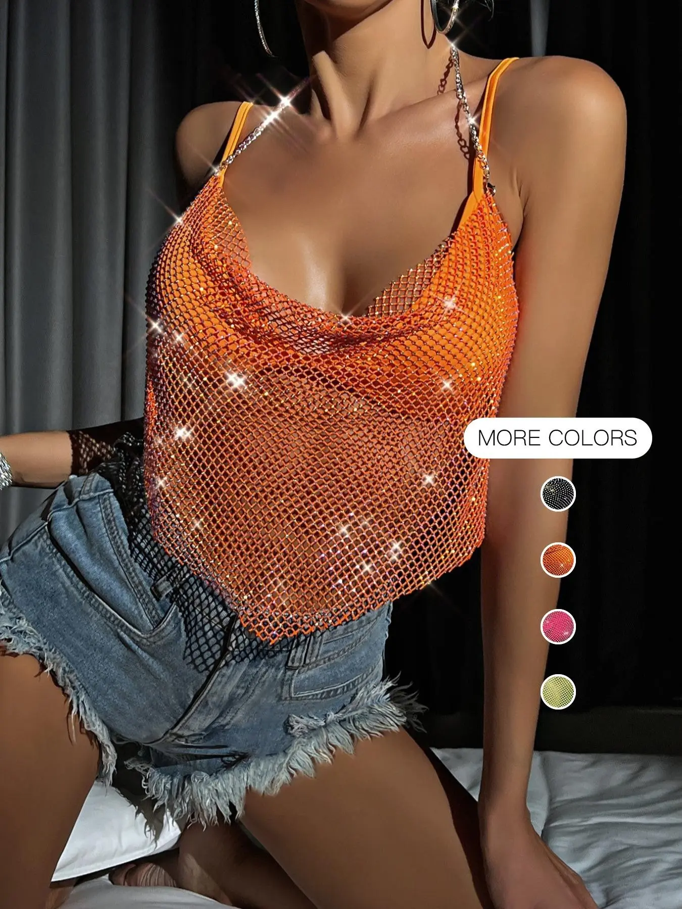 Y2K Women's Rhinestone Mesh Halter Neck Chain Vest, Sexy Party/club Set, Multiple Colors, Sleeveless Slim-Fit Tank Top, Short Length